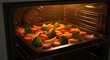 © IrmaPrastiwi - Colorful mixed vegetables roasting in a hot oven on a baking tray, healthy home cooking concept