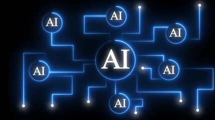 Wall Mural - Artificial intelligence (AI) and machine learning concept. Abstract technology background.Neon AI Circuit Board Technology Background Animation. Artificial Intelligence Chip with Glowing .4k