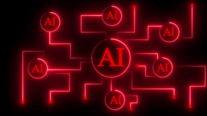 Artificial intelligence (AI) and machine learning concept. Abstract technology background.Neon AI Circuit Board Technology Background Animation. Artificial Intelligence Chip with Glowing .4k