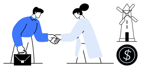 Wall Mural - Two professionals shaking hands symbolizing partnership, a windmill for renewable energy, and financial success. Ideal for sustainability, teamwork, agreement, renewable energy, business