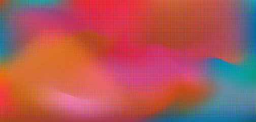 Wall Mural - Vibrant orange, pink and aquamarine blue colors digital watercolor mesh gradient background with halftone texture. Trendy colorful red and teal liquid wavy backdrop for ui design, explosion poster