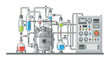© Tumini - Line art vector illustration of a complex chemical reactor with pipes, flasks, and a control panel for scientific research and experimentation