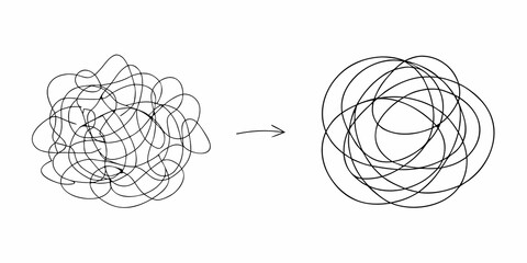 Visual representation of a complex problem transforming into a simplified solution with a clear arrow indicating progress