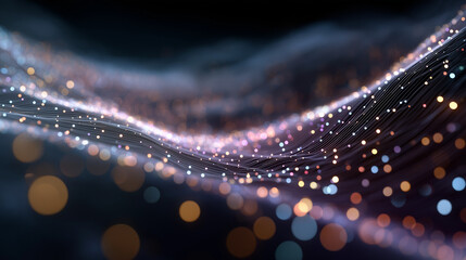 Wall Mural - Digital Flow: A mesmerizing display of flowing digital data, represented by shimmering particles and abstract lines, moves across a dark background.