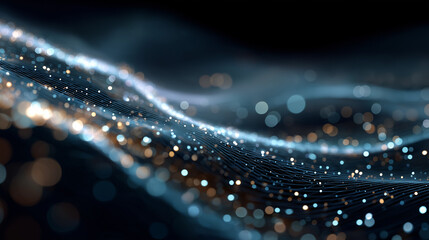 Wall Mural - Abstract Digital Wave: A mesmerizing digital wave undulates gracefully, composed of countless shimmering particles that dance with light, creating an ethereal atmosphere of energy and motion.