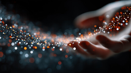 Wall Mural - Digital Embrace: A hand gracefully cradles a shimmering stream of digital particles, symbolizing connection, and the essence of the digital age. 