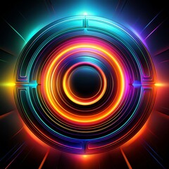 Wall Mural - An abstract, colorful design featuring glowing rings and lines, hints of technology and energy in a dark space. The neon light circles create a futuristic feel.