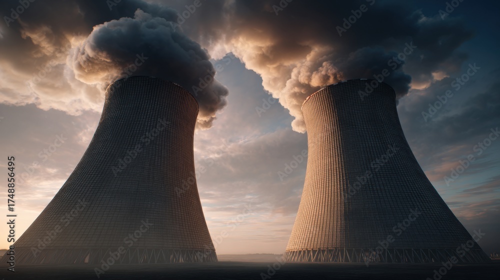 Nuclear power plant cooling towers emitting steam at dusk industrial ...