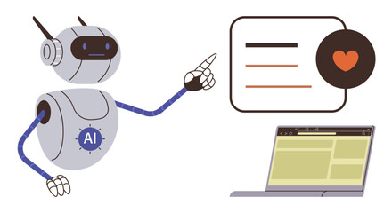 Robot pointing at a digital interface with a heart symbol, plus a laptop. Ideal for artificial intelligence, technology, future innovation, data, analytics, automation education. Clean and simple