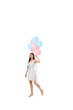 © Atlas - Woman walking with pastel balloons, on white background