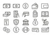 © Sahra - Money and payment line icon set. Finance, banking, investment, and business concepts. Vector symbols for currency, credit card, wallet, online banking, exchange, transaction.