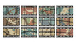 © Jane - Vector set of super 8 film frames with abstract retro backgrounds. Vintage movie strip collection with grunge texture, scratches, and colorful camouflage liquid art patterns.