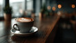 © Putu - Cappuccino in a white cup on a wooden bar counter in a cafe.