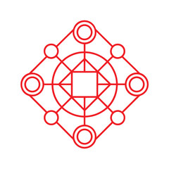 Red geometric line art symbol with interconnected circles and squares abstract pattern