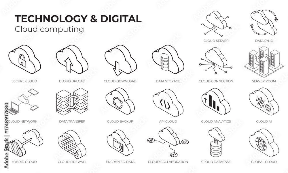 Isometric Cloud Computing Icon Set. 20 Minimal Outline Vector Symbols ...