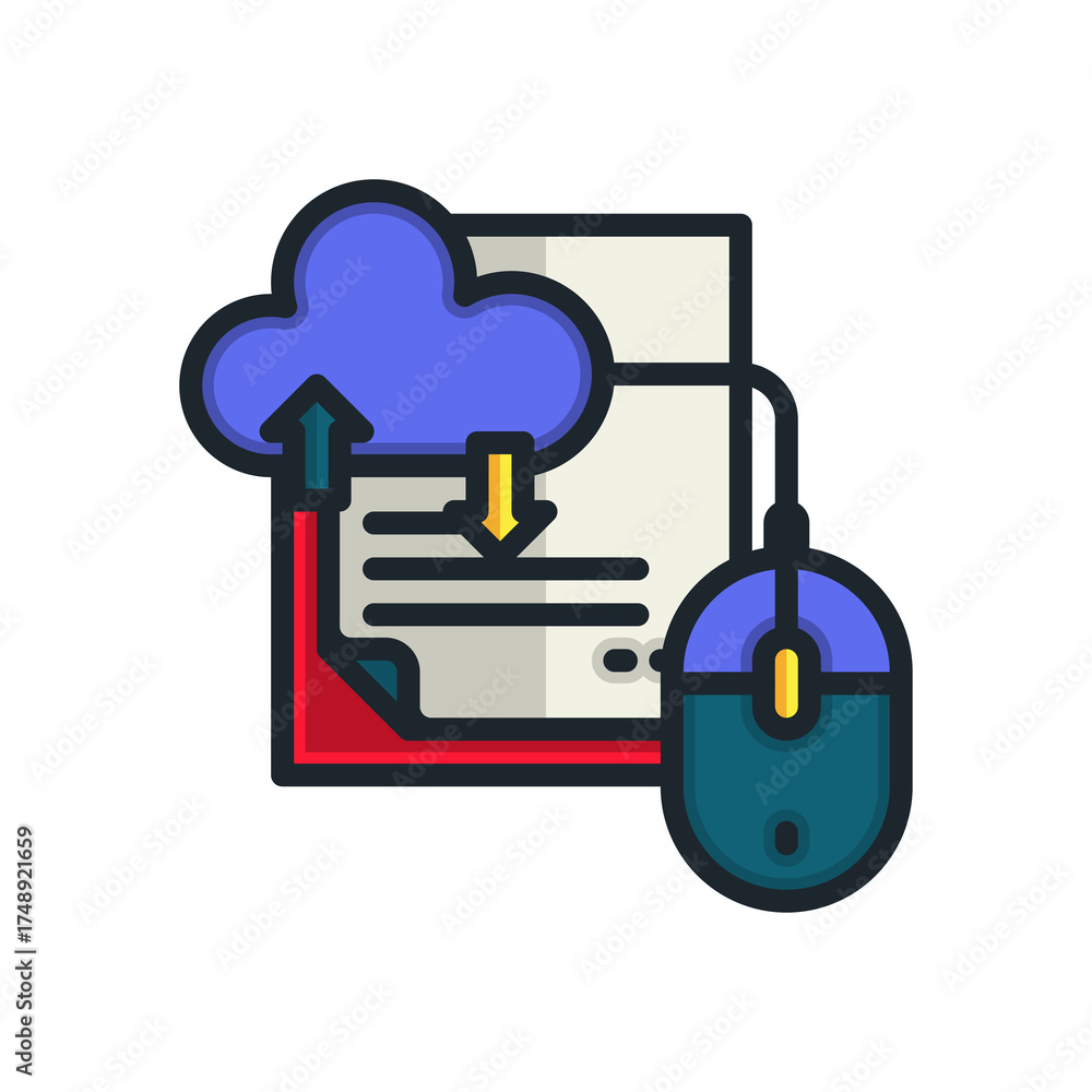 Upload Computer Database Digital Cloud Document Upload and Download With Computer Mouse Icon ...