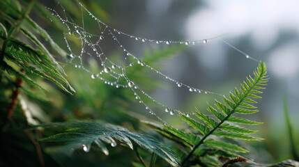 Dew Drops Adorning Delicate Spider Webs on Lush Ferns in a Captivating Nature Scene