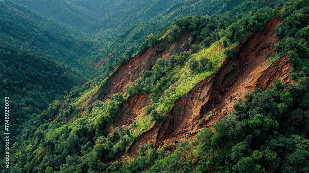 Green mountainside with visible signs of recent landslides and bare ...