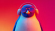 © Anita - A cheerful penguin wearing headphones and sunglasses stands against a vibrant neon gradient, glow!!