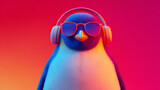 A cheerful penguin wearing headphones and sunglasses stands against a vibrant neon gradient, glow!!