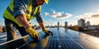 © VistaVisions - A handyman installing solar panels on the rooftop. Solar energy alternative power source concept