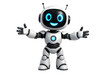 © aigiants - Cute little white android robot character with happy blue glowing eyes standing with open arms ready to welcome, greet, and hug isolated on transparent background