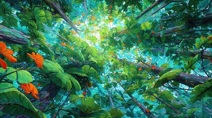 Wall Mural - A vibrant view looking upwards through a lush forest canopy, illuminated by dappled sunlight streaming through the leaves. The image features an array of rich green foliage, interspersed with bursts o