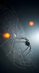 Black spider on web and blurred background