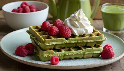 Wall Mural - matcha waffles topped with whipped cream and raspberries
