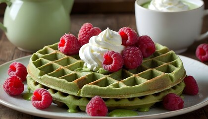 Wall Mural - matcha waffles topped with whipped cream and raspberries