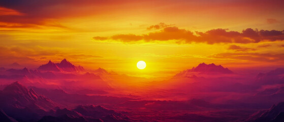 Wall Mural - Majestic sunset over a mountain range with vibrant colors in the sky.