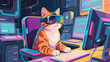 © KevinNandya - A cat wearing virtual reality goggles sits at a computer desk with multiple screens in a futuristic office environment viewed from the side.