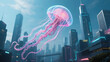 © KevinNandya - A glowing jellyfish floats above the cityscape at dusk with skyscrapers and neon lights