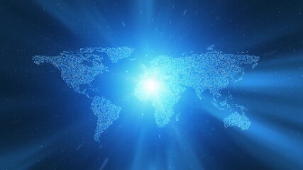 Wall Mural - Blue glowing star light with world map and travel star light animation.