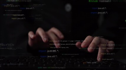 A close-up capture of a programmer hands actively typing on a laptop, with floating code and data streams creating a dynamic and tech-oriented atmosphere. Xenic