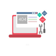 Illustration of a laptop screen displaying error 404 page with coding symbols and tools on a transparent background representing website maintenance and development issues