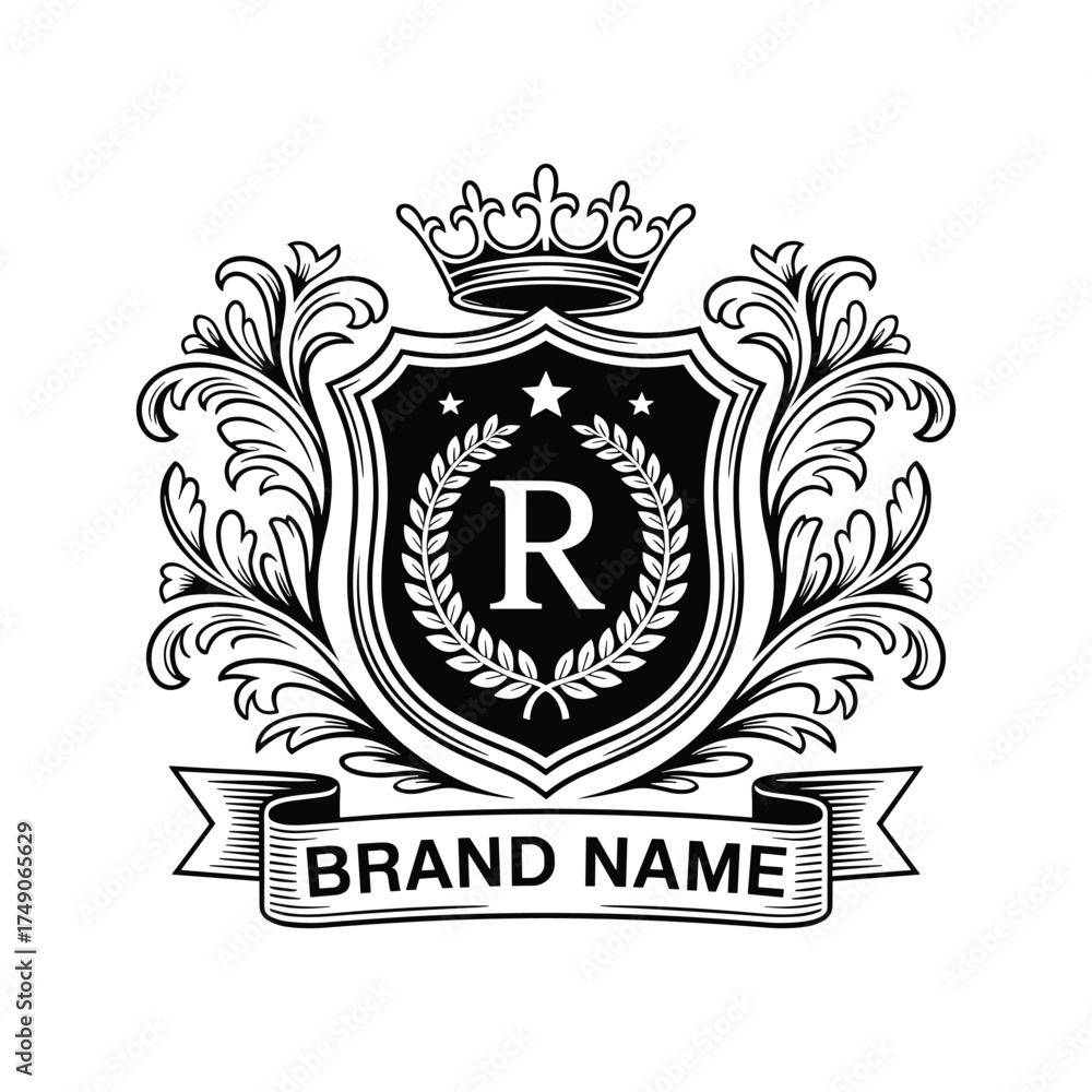 Black heraldic crest with letter R, crown, stars, laurel wreath, and ...