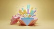 © MR BAT - A pastel colored sale sign bursting out of a gift box on a yellow background in a rendered image