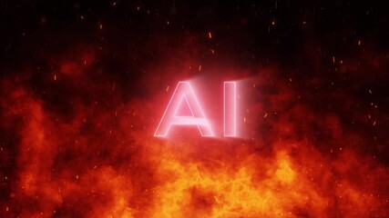 Wall Mural - AI artificial intelligence caption on fire and smoke effects with sparks loop animation background.