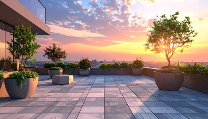 Wall Mural - Serene rooftop garden at sunset with vibrant plants and city skyline in the background, ideal for relaxation