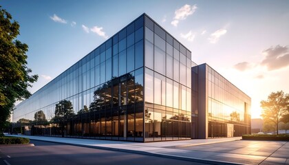 Wall Mural - Modern glass building reflecting sunset with trees and clear sky, showcasing architectural design