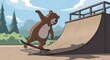 © Kotak - Cartoon illustration of a brown bear skateboarding at a skatepark ramp under a blue sky