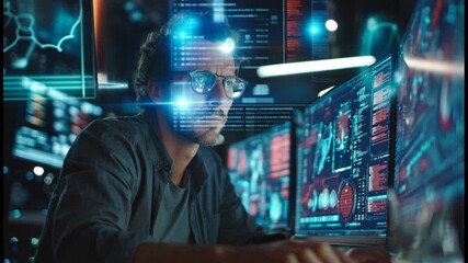 Male software developer programming on a computer with multiple monitors and a holographic interface