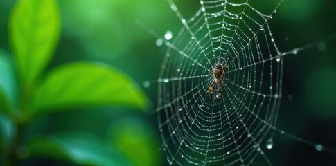 Dew Kissed Spiderweb on a Lush Green Leaf at Dawn A macro shot of an intricate spiderweb covered in small, glistening dewdrops. The background is a soft blur of lush green leaves. The lighting is soft