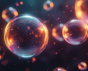 Wall Mural - Abstract Floating glowing spheres with internal sparkles on a dark backdrop