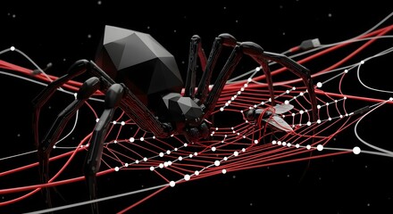 Abstract 3D dark polygonal spider on its intricate web with a small insect