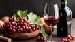 © vachiraphan - Red Wine Still Life with Grapes and Wine Glass on Wooden Table, Gourmet Drink, Wine Tasting, Vineyard, Celebration, Sommelier, Rich Color, Dark Background