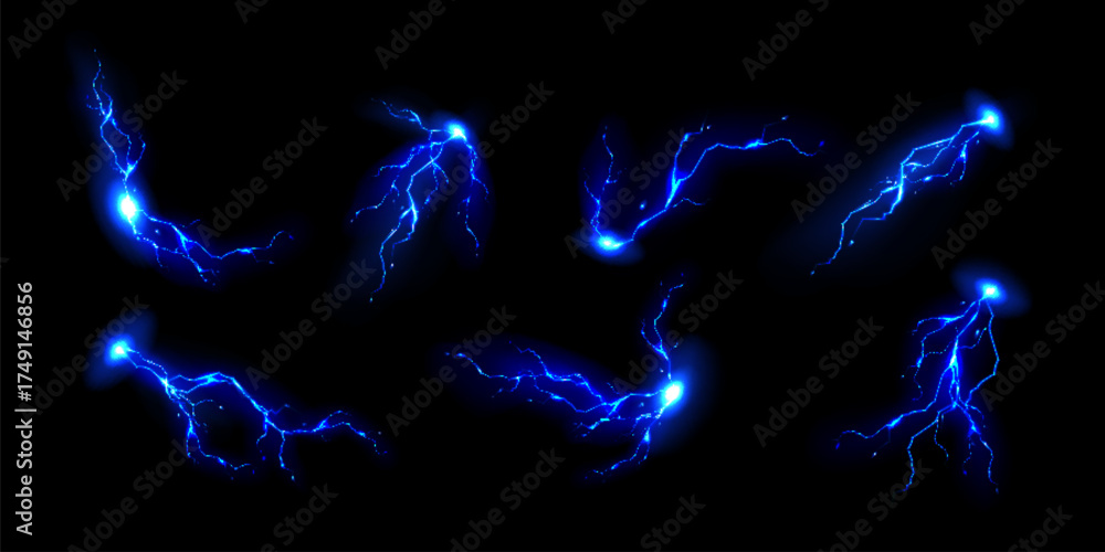 Blue lightning bolts set isolated on black. Vector realistic ...