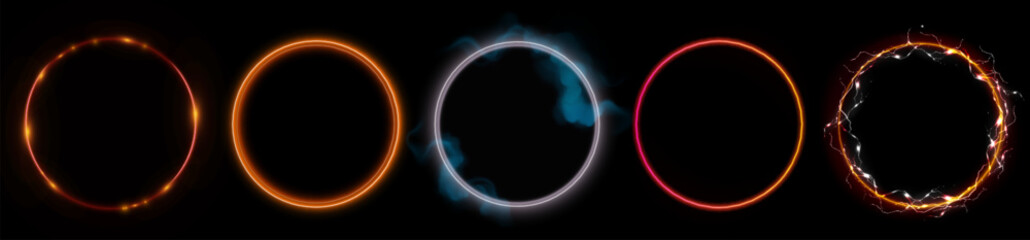 Wall Mural - Neon halo circles with orange and red electric effects for sci fi interface or motion graphics. Luminous rings with gradient colors, smoke and lightning energy. Futuristic portal frame collection.
