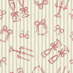 Wall Mural - Vector hand drawn christmas seamless pattern, champagne glass and candlestick, christmas bell.
